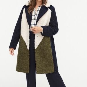 Jcrew Colorblock Sherpa Teddy Coat Navy Cream Olive Green Jacket